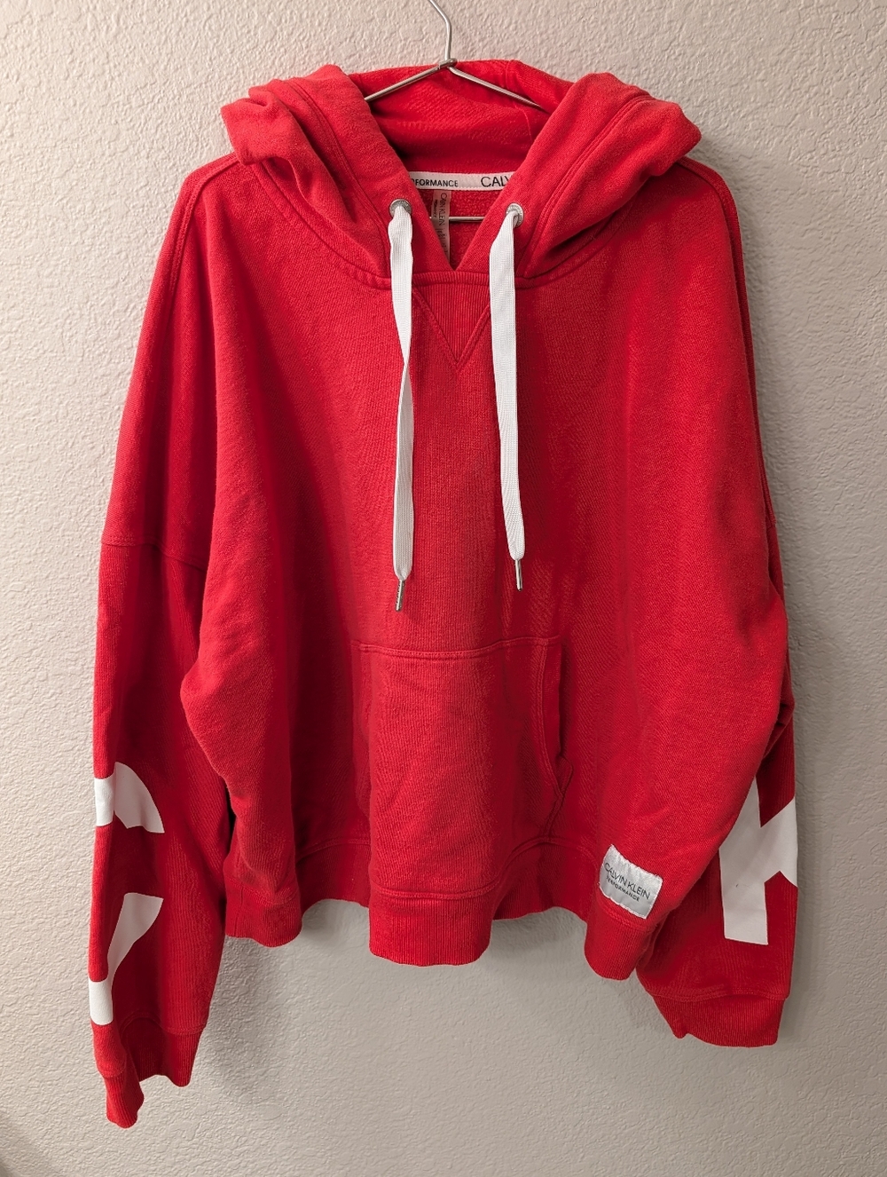 Calvin Klein Hoodie Sweatshirt Bright Red Soft Fleece Cropped Size XXL